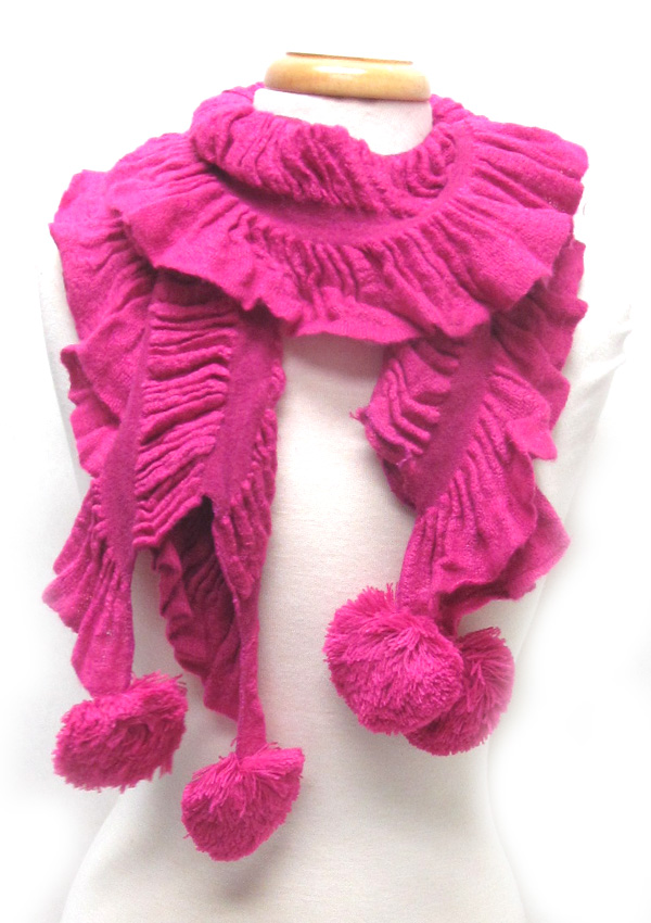 Crinckled fur pom pom drop scarf