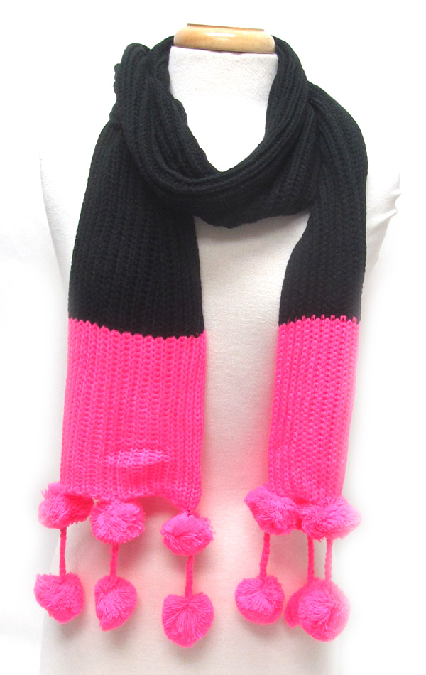 Knit neon pom pom scarf