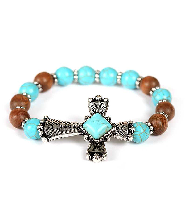 Textured cross turquoise and wood ball stretch bracelet