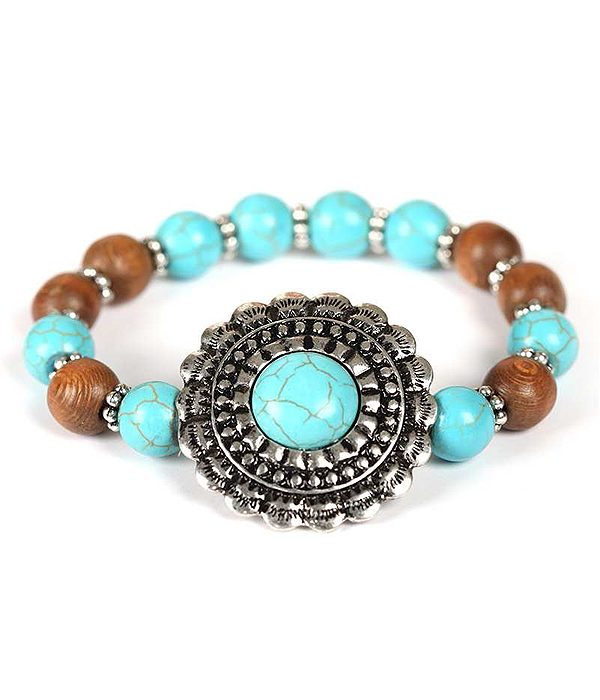 Turquoise center textured disk wood ball stretch bracelet