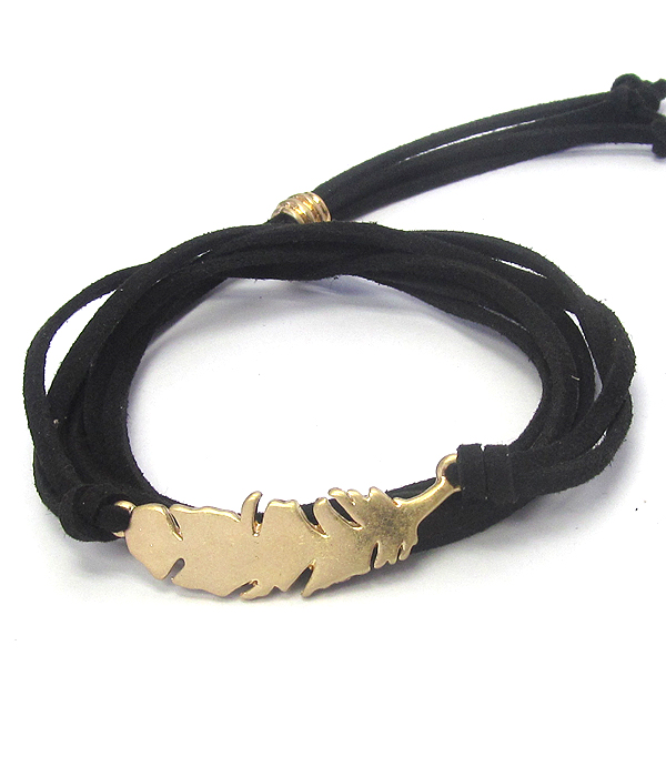 Metal feather and suede cord pull tie wrap bracelet