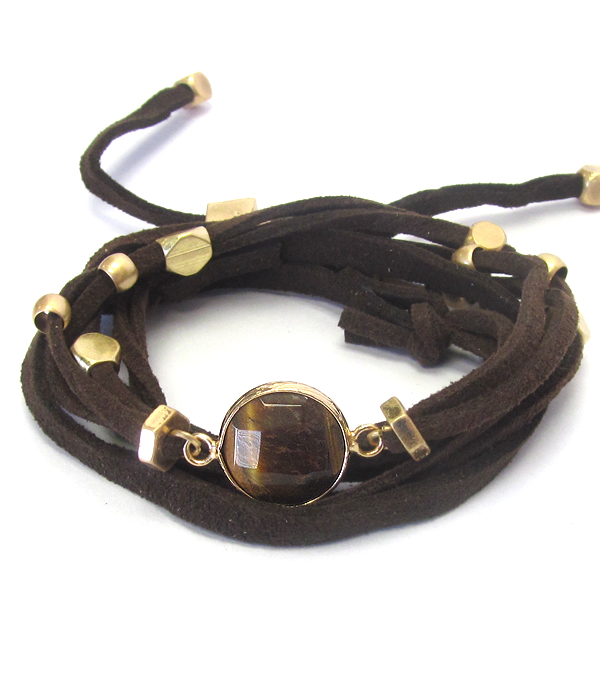 FACET STONE AND METAL BEAD SUEDE PULL TIE WRAP BRACELET