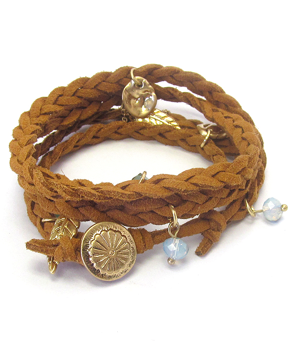 Metal feather and disk dangle twist suede cord wrap bracelet