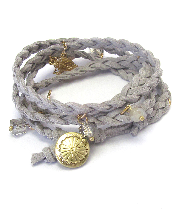 Metal feather and disk dangle twist suede cord wrap bracelet