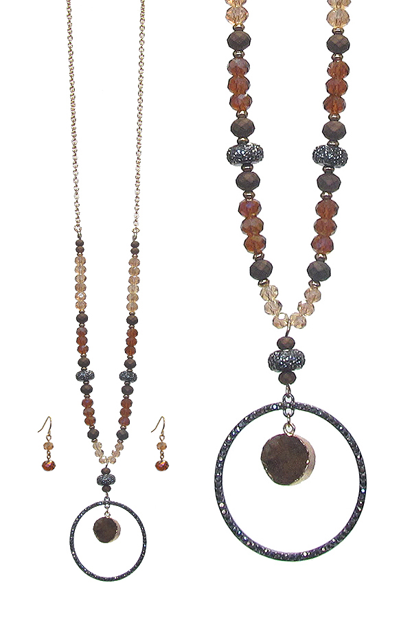 CRYSTAL RING AND DRUZY PENDANT AND MIXED FACET BEAD LONG NECKLACE SET