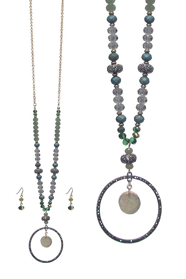 CRYSTAL RING AND DRUZY PENDANT AND MIXED FACET BEAD LONG NECKLACE SET