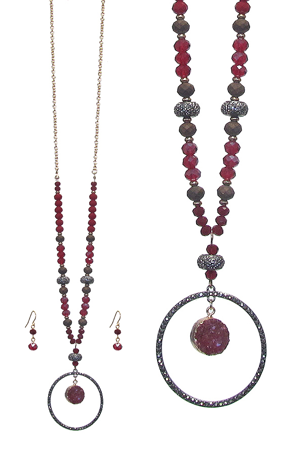 CRYSTAL RING AND DRUZY PENDANT AND MIXED FACET BEAD LONG NECKLACE SET
