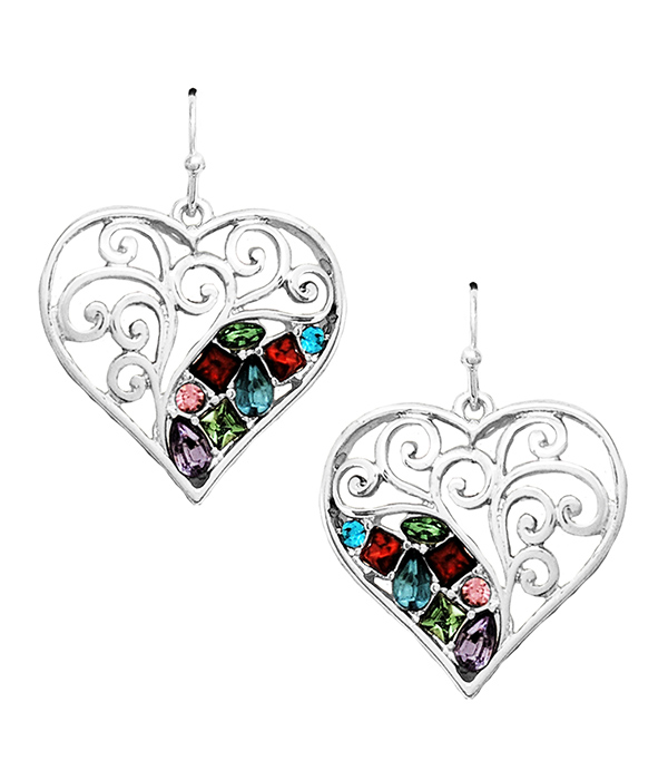 CRYSTAL MIX METAL FILIGREE HEART EARRING