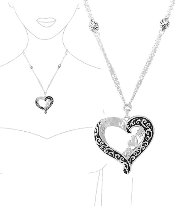 Mom theme bali filigree heart pendant necklace