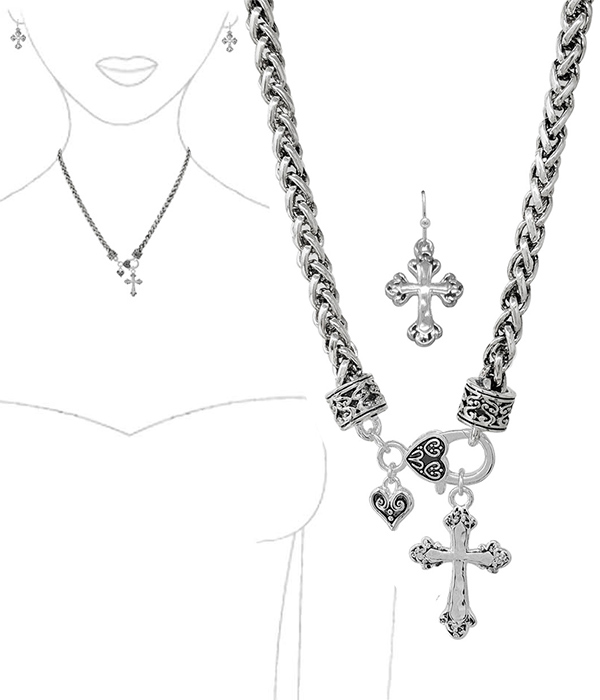 Bali filigree multi charm necklace set - cross heart