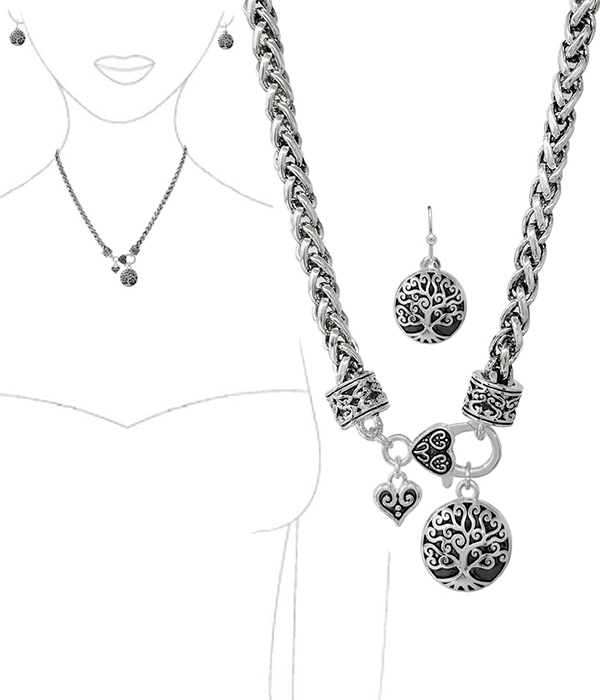 BALI FILIGREE MULTI CHARM NECKLACE SET - TREE OF LIFE HEART