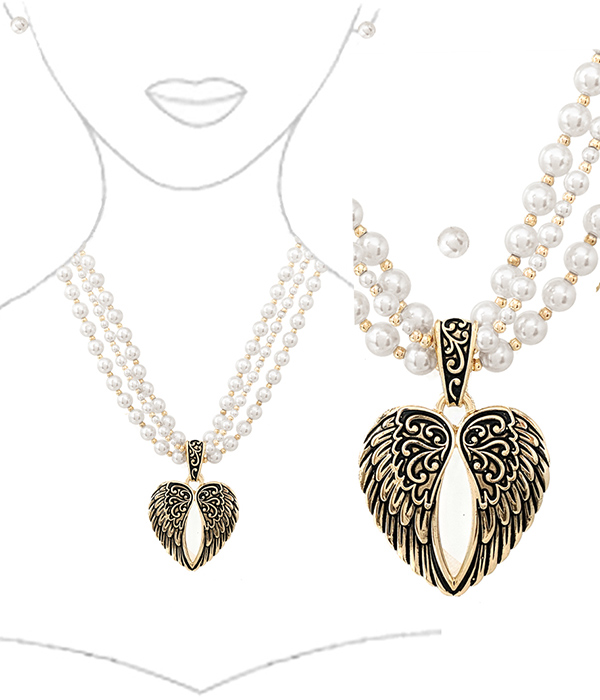 Multi layer pearl chain and angel wing pendant necklace set