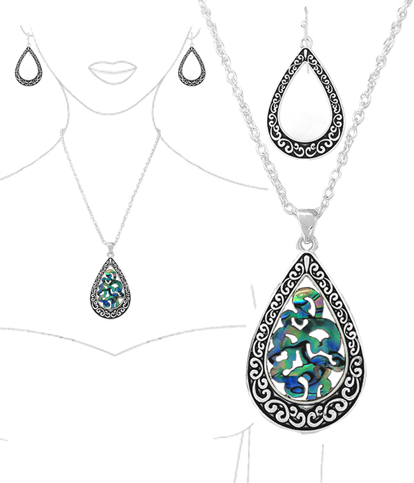 ABALONE FILIGREE CENTER TEARDROP PENDANT NECKLACE SET