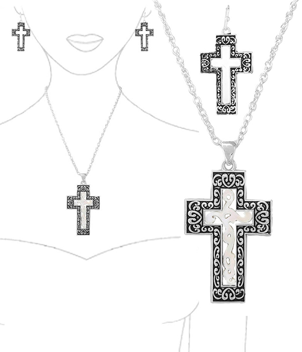 Mop filigree center cross pendant necklace set