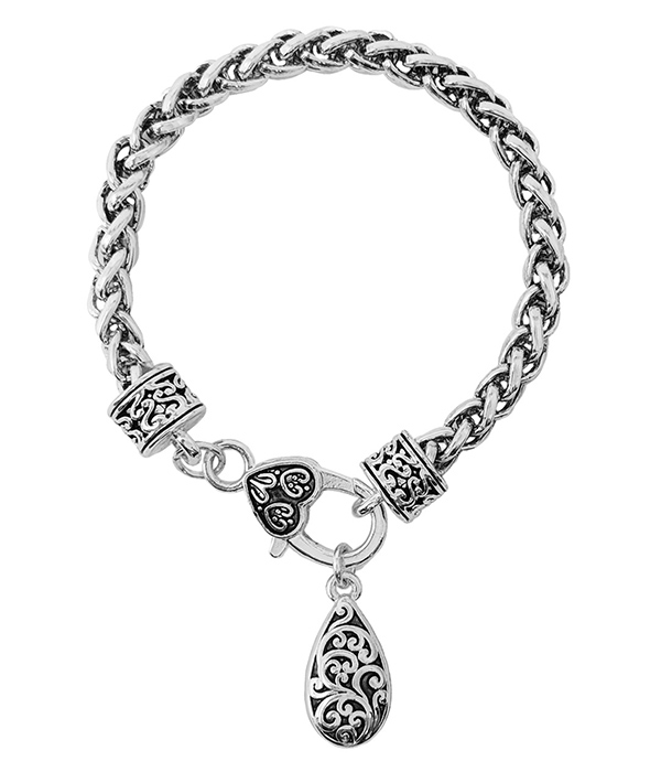 BALI FILIGREE PUFFY TEARDROP CHARM CHUNKY CHAIN BRACELET