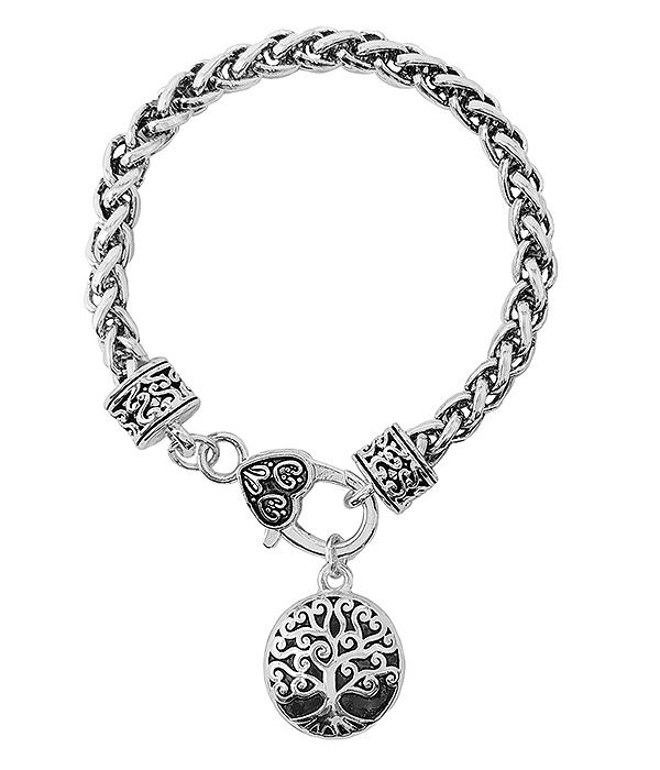 BALI FILIGREE PUFFY DISC CHARM CHUNKY CHAIN BRACELET - TREE OF LIFE