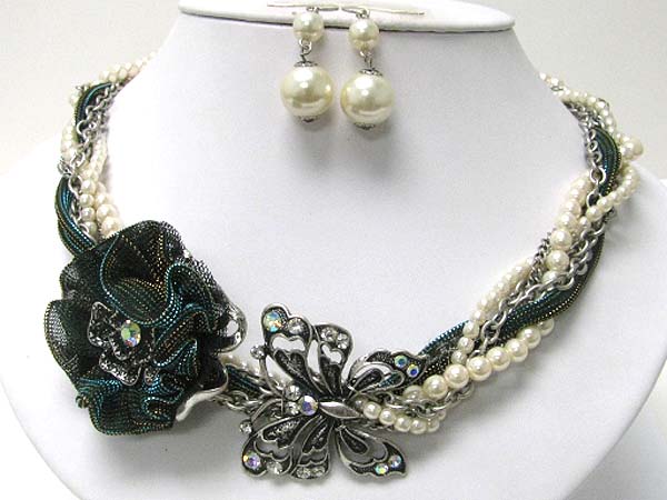 BUTTERFLY AND MESH FLOWER ACCENT PEARL CHIFFON AND METAL BRAIDED NECKLACE EARRING SET