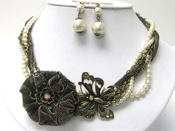 BUTTERFLY AND MESH FLOWER ACCENT PEARL CHIFFON AND METAL BRAIDED NECKLACE EARRING SET