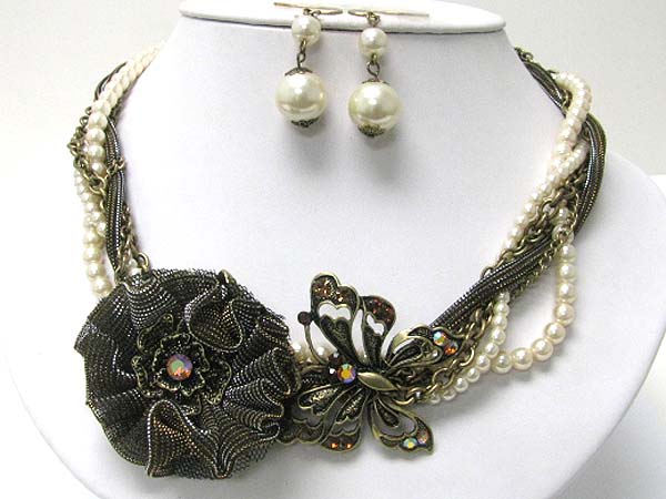 Butterfly and mesh flower accent pearl chiffon and metal braided necklace earring set