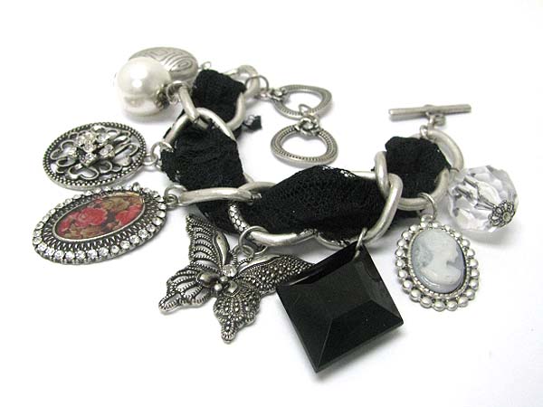 Cameos and mixed antique metal charm dangle chiffon and multi chain braided bracelet