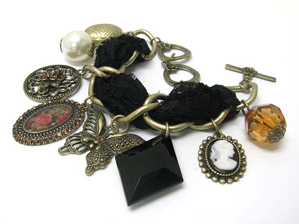 Cameos and mixed antique metal charm dangle chiffon and multi chain braided bracelet
