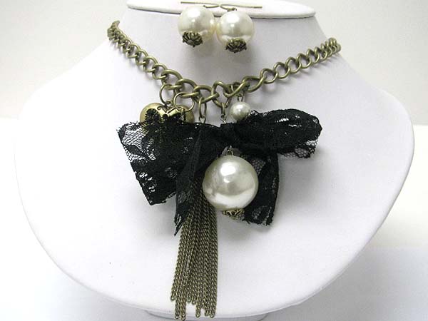 CRYSTAL HEART AND EIFEL TOWER CHARM WITH PEARL AND CHIFFON RIBBON NECKLACE EARRING SET