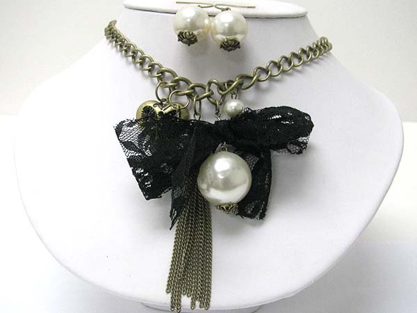 Crystal heart and eifel tower charm with pearl and chiffon ribbon necklace earring set