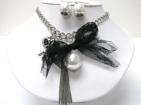 Crystal heart and eifel tower charm with pearl and chiffon ribbon necklace earring set