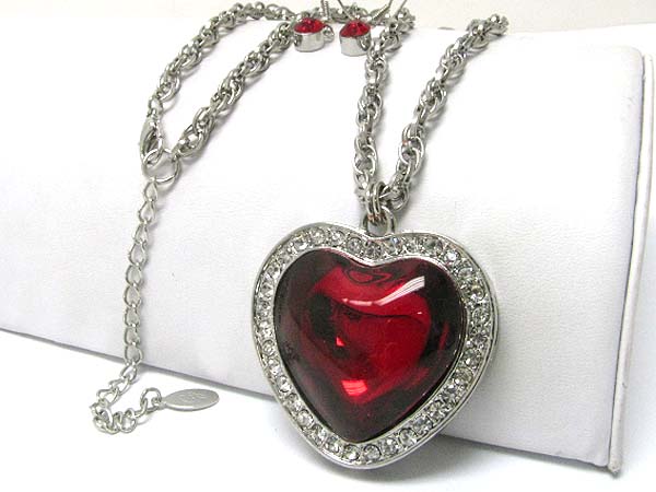 Crystal deco glass stone heart pendant long chain necklace earring set