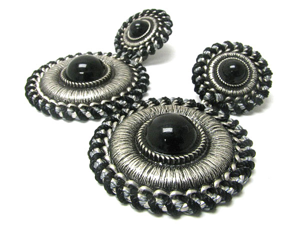 Stone and burnish metal double round drop earring