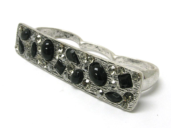 Glam punk rock crystal and glass deco tri finger ring