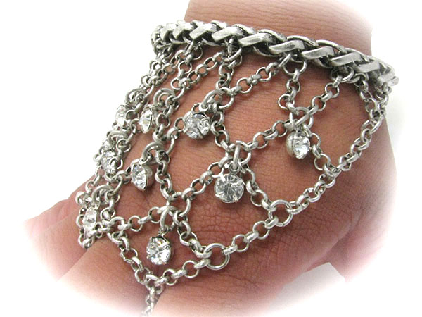 Glam punk rock crystal ball dangle finger hook metal mesh chain bracelet