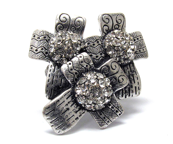 Three crystal and textured cross stretch ring