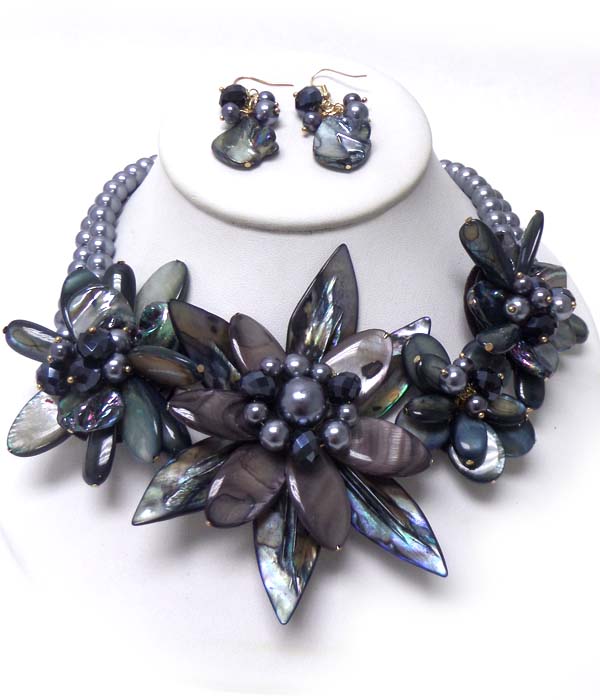 Semi precious stone and shell multi flower necklace set