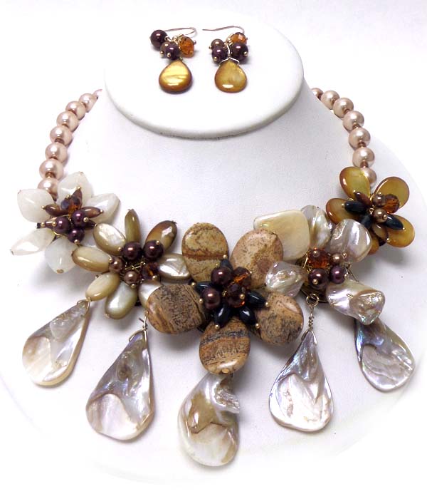 Semi precious stone and shell multi flower necklace set