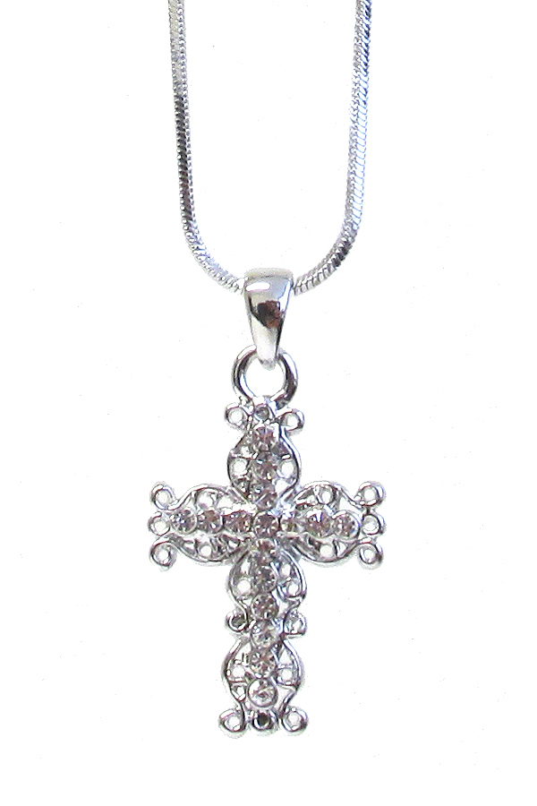 WHITEGOLD PLATING CRYSTAL CROSS PENDANT NECKLACE