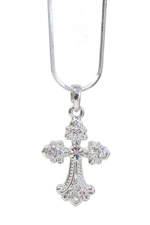 MADE IN KOREA WHITEGOLD PLATING CRYSTAL CROSS PENDANT NECKLACE