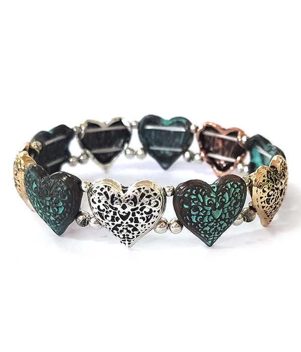 METAL FILIGREE PUFFY HEART STRETCH BRACELET