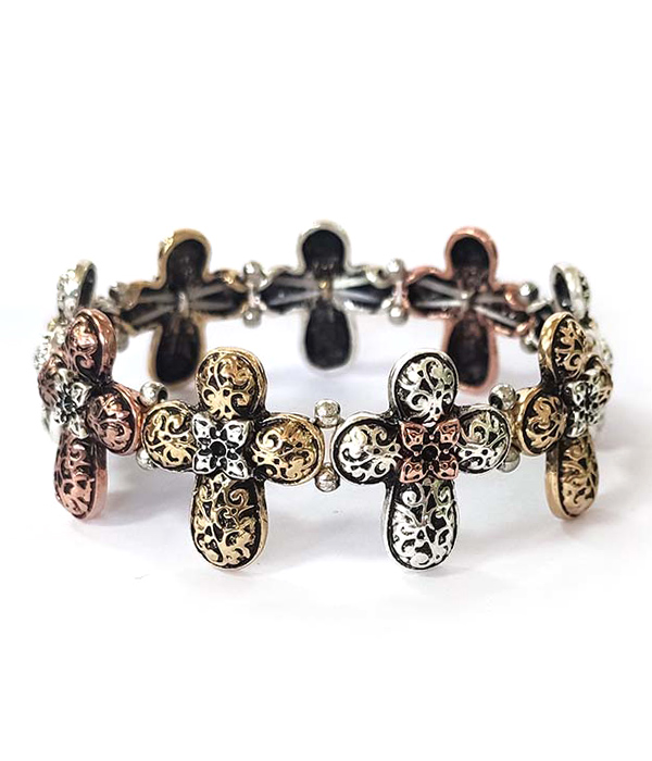 METAL FILIGREE PUFFY CROSS STRETCH BRACELET