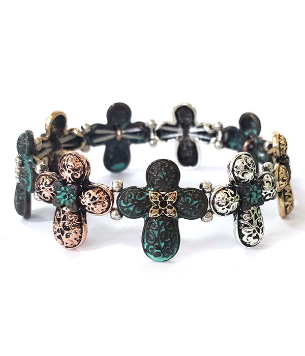 METAL FILIGREE PUFFY CROSS STRETCH BRACELET