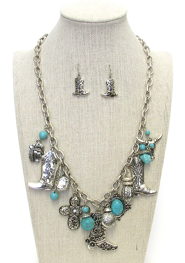 WESTERN THEME MULTI CHARM PENDANT NECKLACE SET - COWBOY BOOTS LONG HORN