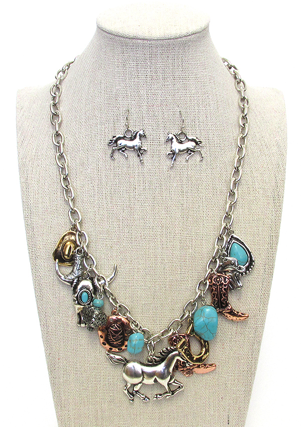 WESTERN THEME MULTI CHARM PENDANT NECKLACE SET - COWBOY BOOTS LONG HORN