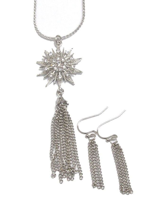 METAL FLOWER W ITH TASSEL DROP NECKLACE SET 