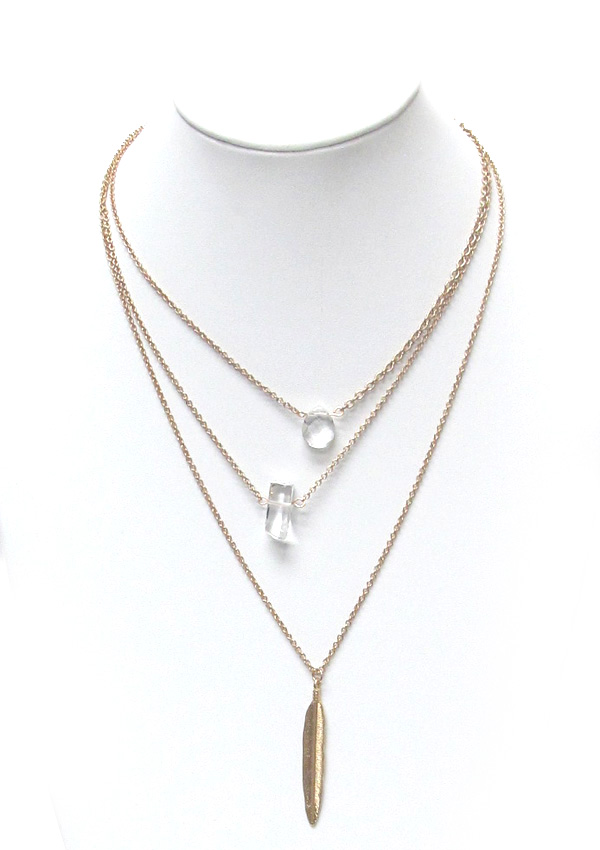 Feather and stone layered chain necklace set