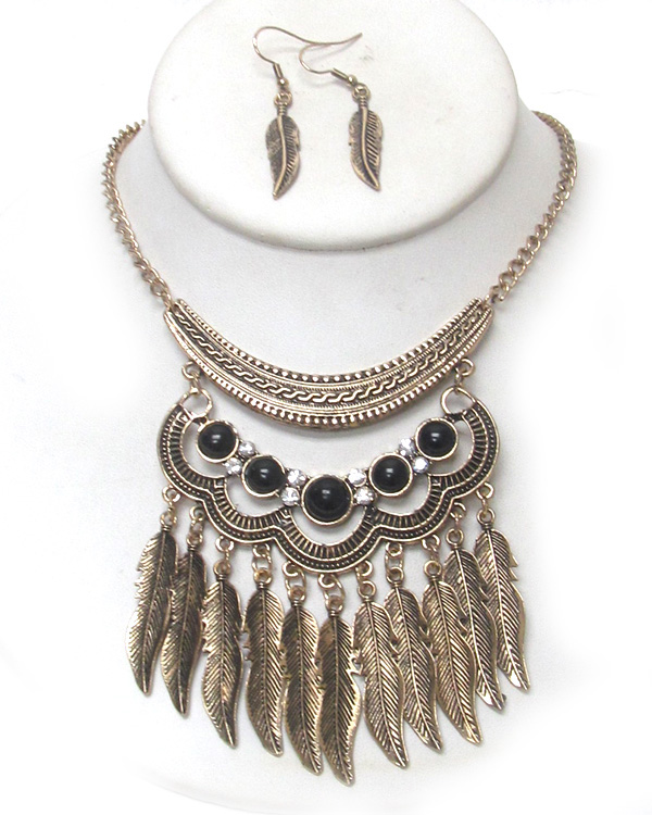 Baroque style textured metal feather drop necklace set 