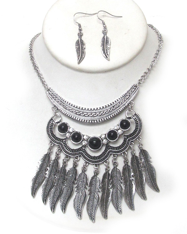 Baroque style textured metal feather drop necklace set 