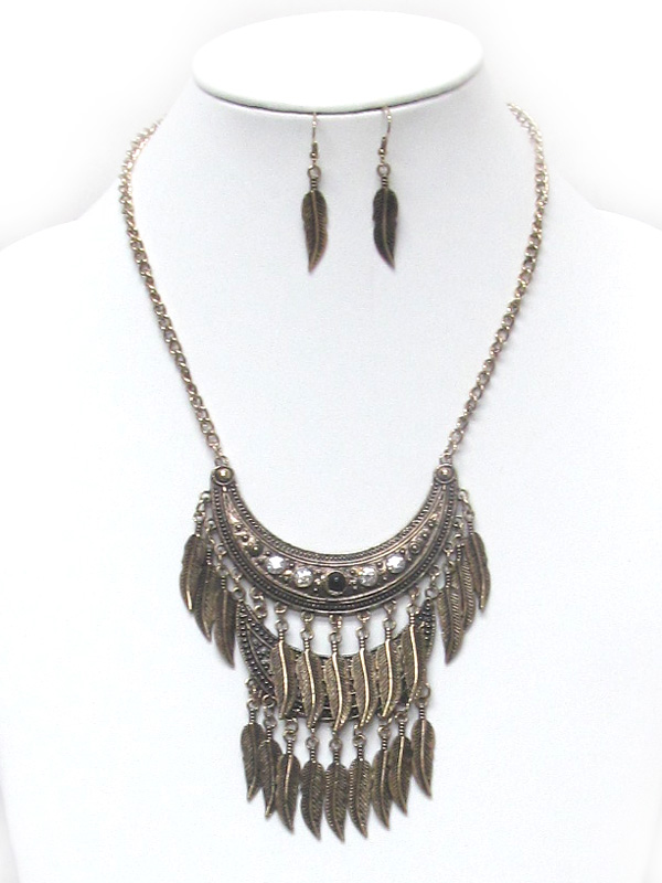Metal  feather drop layer necklace set 
