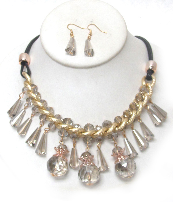 2 layer drop crystals chain necklace set