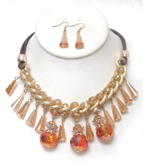 2 layer drop crystals chain necklace set