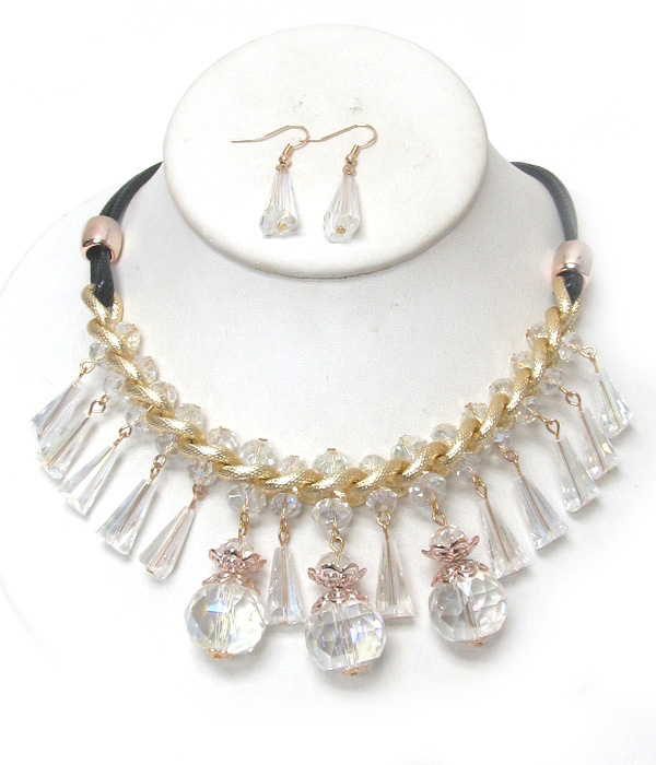 2 layer drop crystals chain necklace set